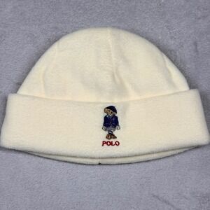 Polo Ralph Lauren Youth Fleece Beanie Hat Cream White Teddy Bear Logo